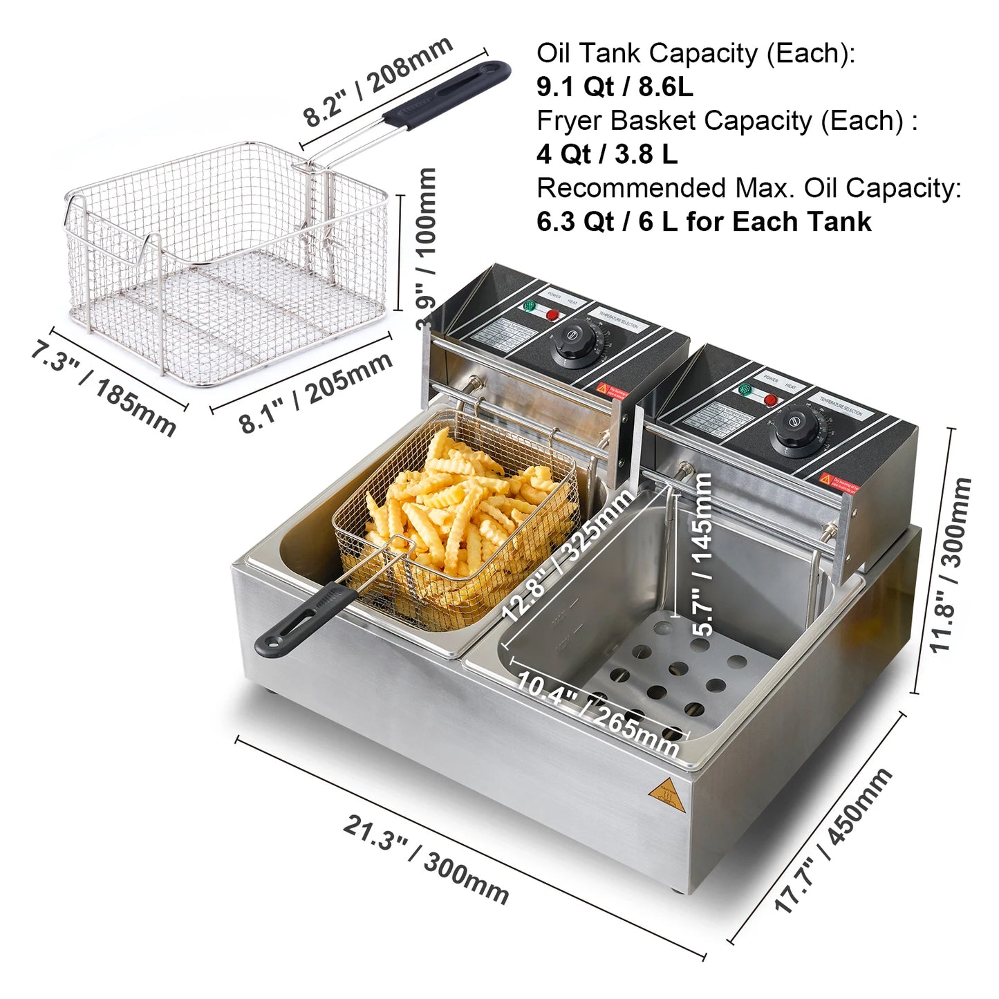 Commercial Countertop Electric Deep Fryer w/Dual Removable Tanks