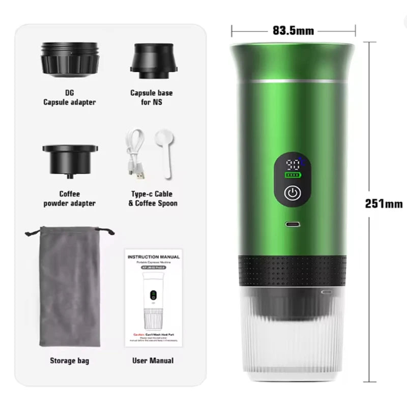 Portable three-in-one travel coffee/espresso machine