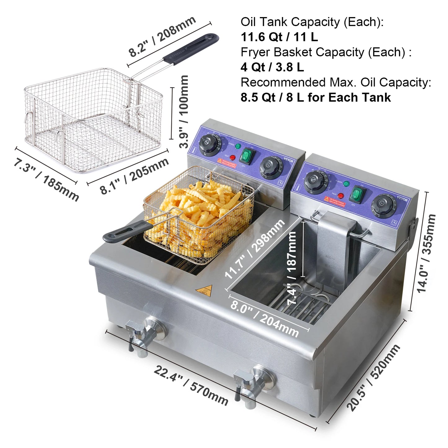 Commercial Countertop Electric Deep Fryer w/Dual Removable Tanks