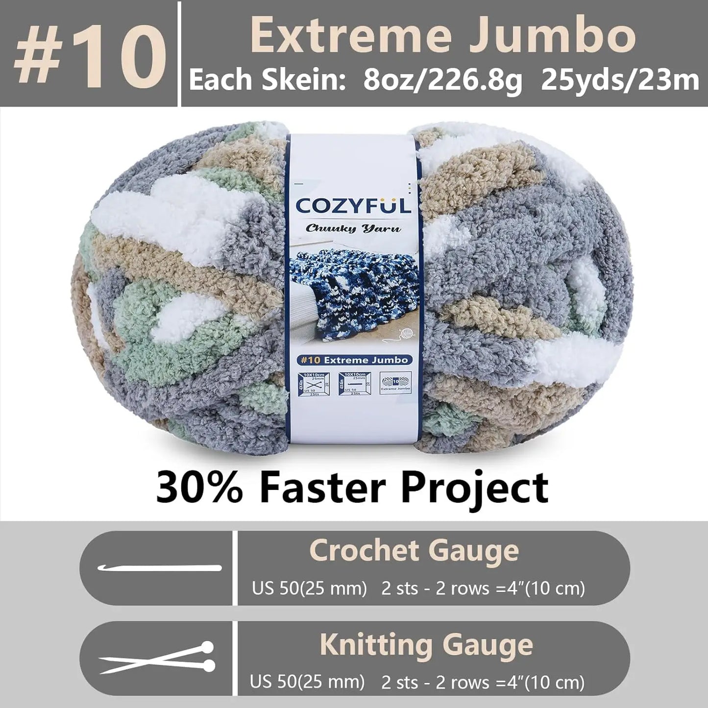 Chunky Chenille Yarn - 8 Skeins Cream Sage Grey Khaki