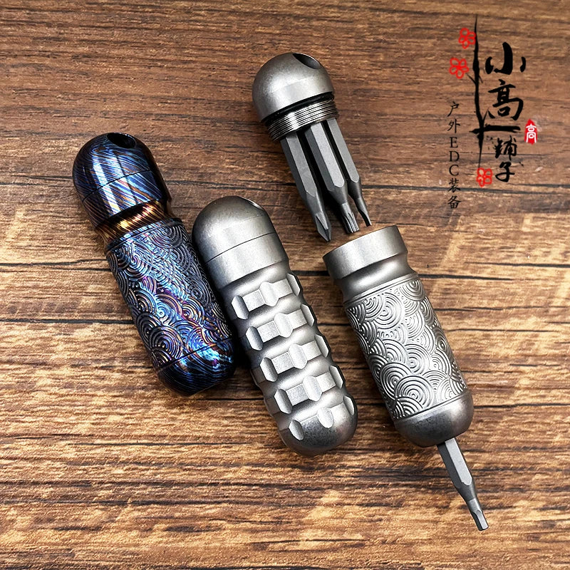 Titanium Mini Multifunctional Pocket Tool with Bit Storage