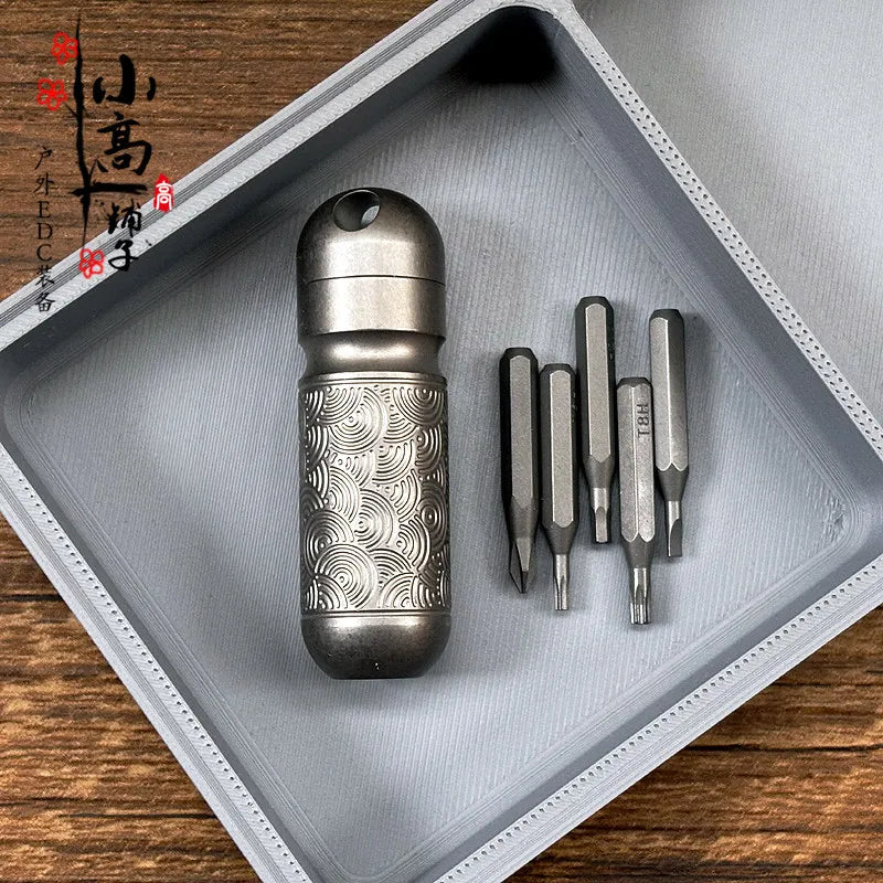 Titanium Mini Multifunctional Pocket Tool with Bit Storage