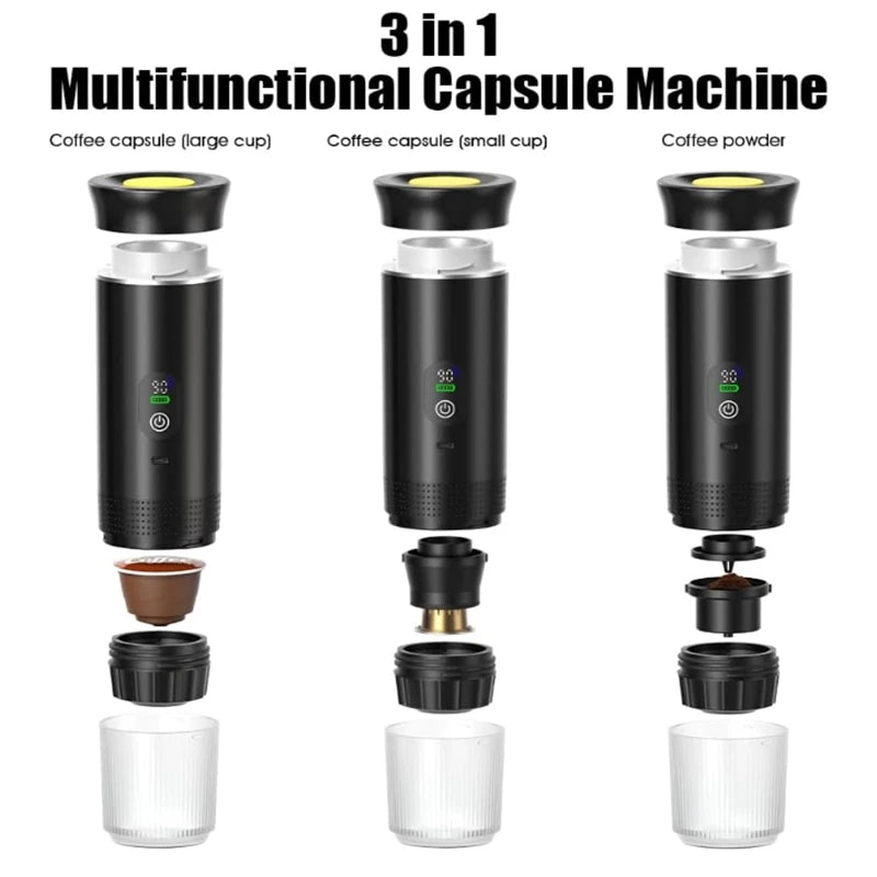 Portable three-in-one travel coffee/espresso machine
