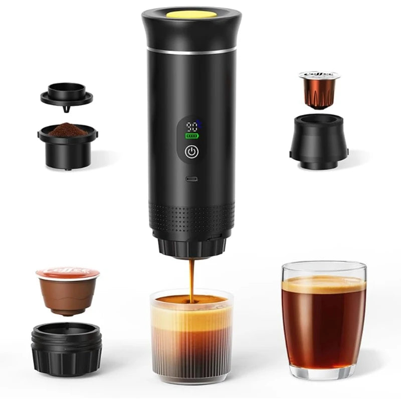 Portable three-in-one travel coffee/espresso machine