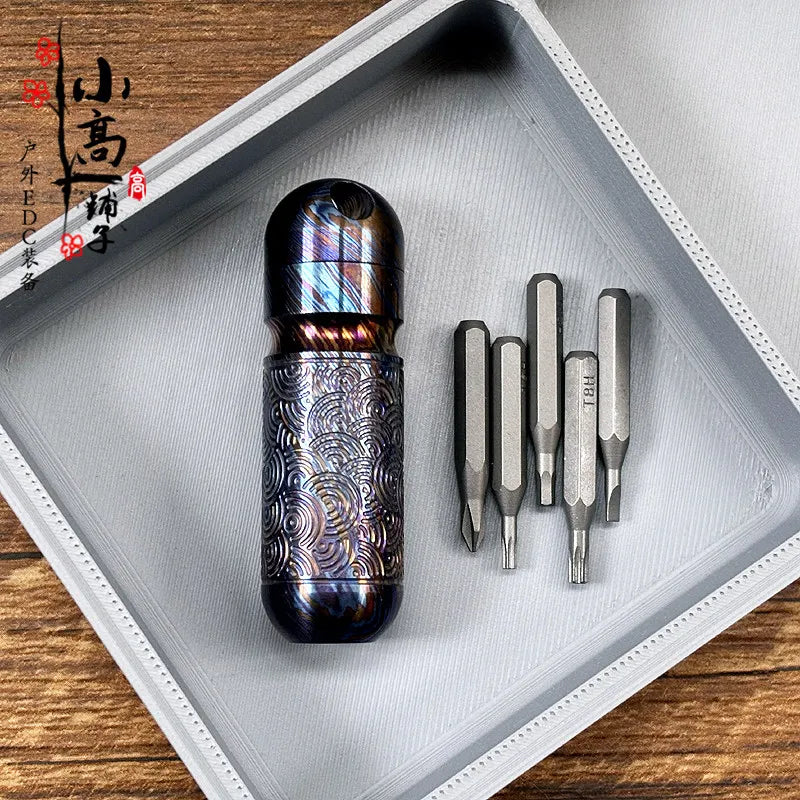 Titanium Mini Multifunctional Pocket Tool with Bit Storage