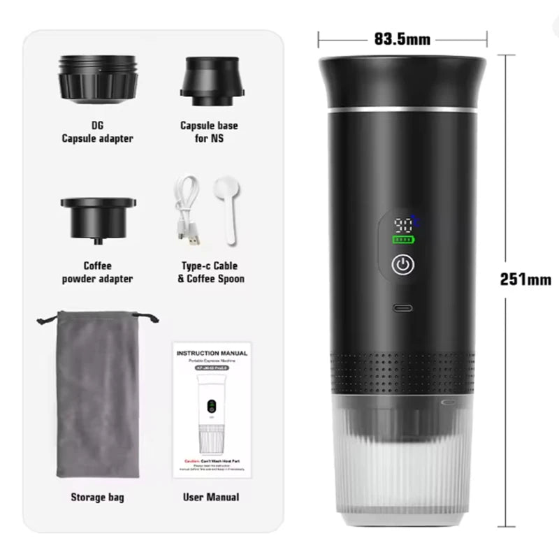 Portable three-in-one travel coffee/espresso machine