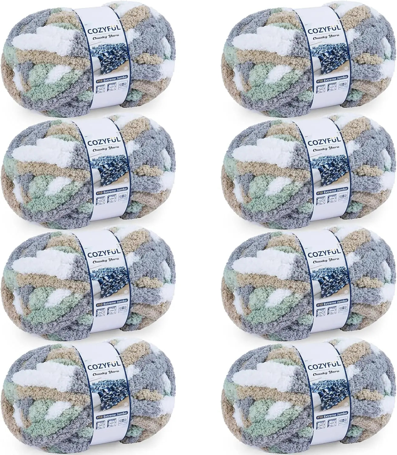 Chunky Chenille Yarn - 8 Skeins Cream Sage Grey Khaki