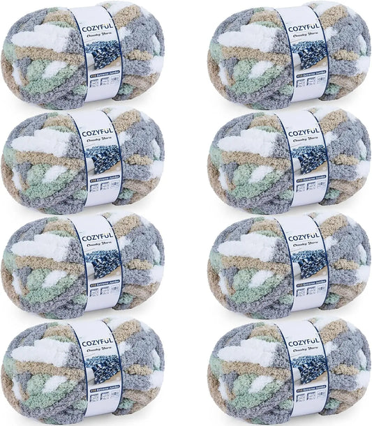 Chunky Chenille Yarn - 8 Skeins Cream Sage Grey Khaki