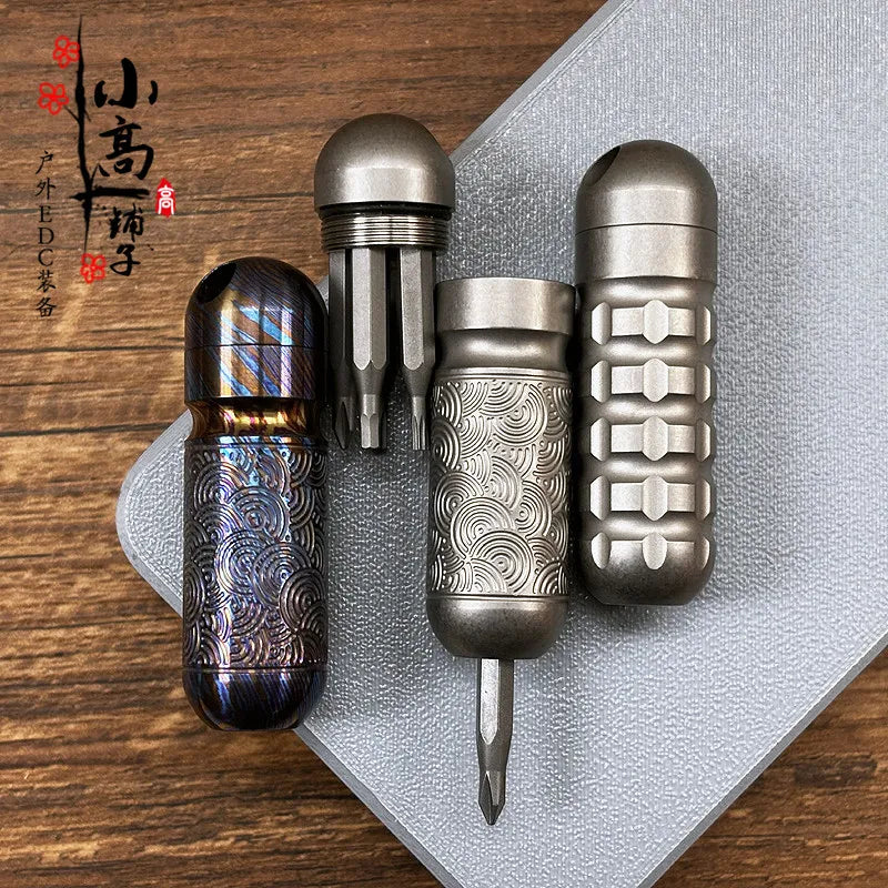 Titanium Mini Multifunctional Pocket Tool with Bit Storage