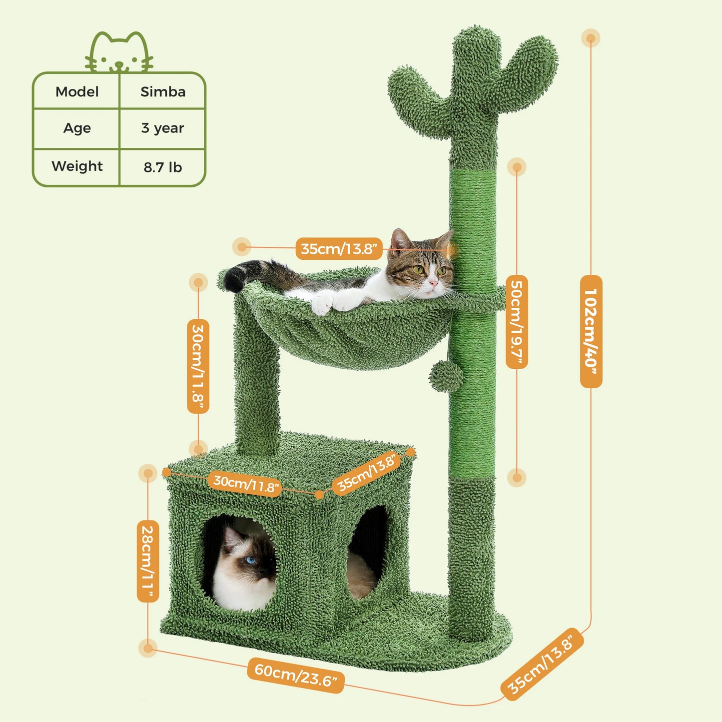 Cactus Cat Tree with Hammock, Scratching Post, Cat Toys
