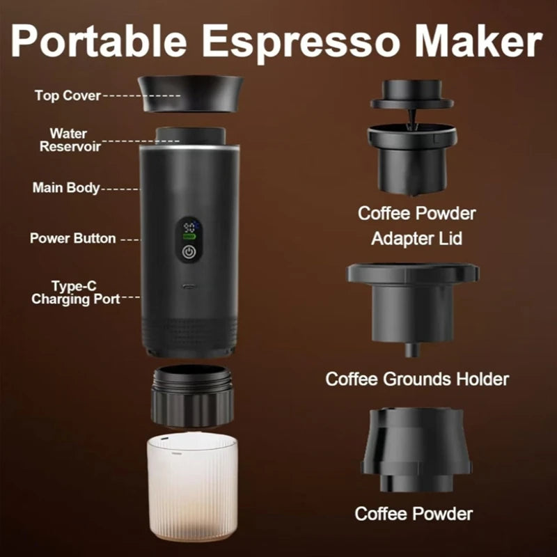 Portable three-in-one travel coffee/espresso machine