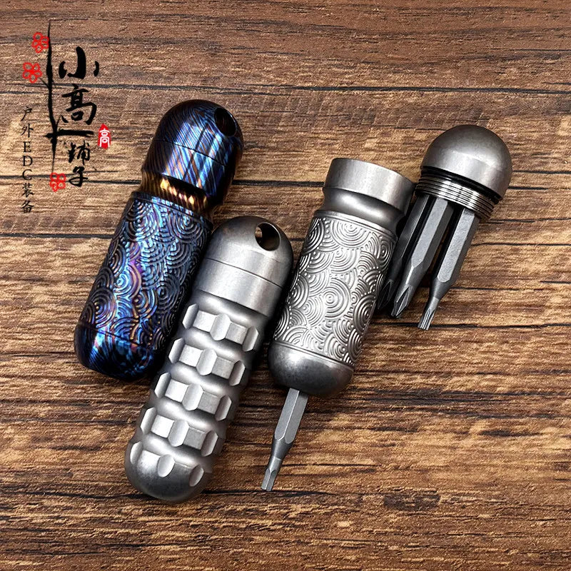 Titanium Mini Multifunctional Pocket Tool with Bit Storage