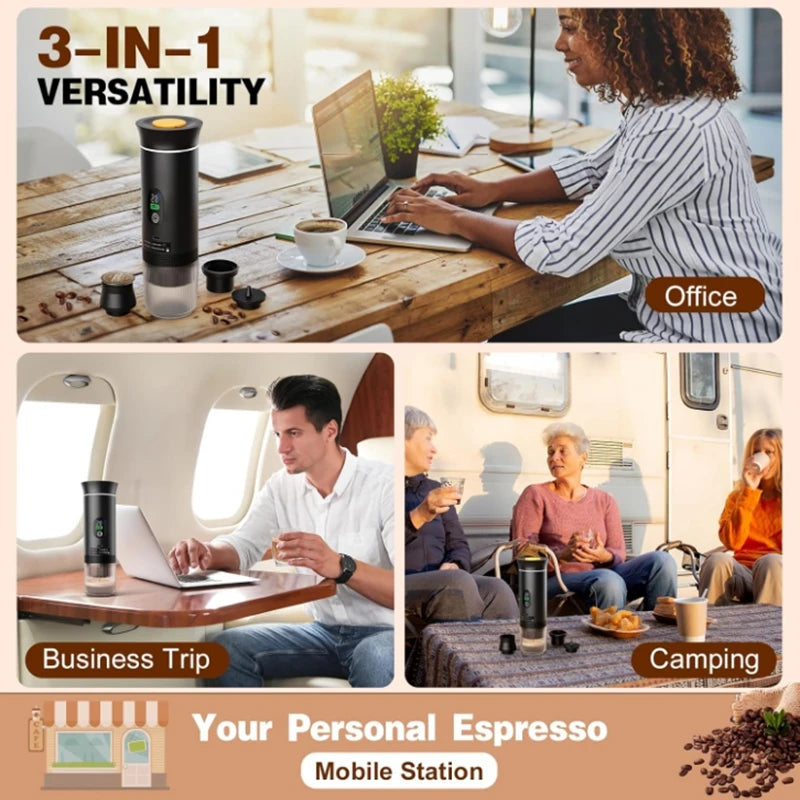 Portable three-in-one travel coffee/espresso machine